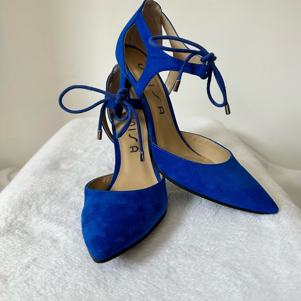 Unisa Royal Blue Suede Pointed-Toe Ankle Tie Heels - Picture 2 of 5